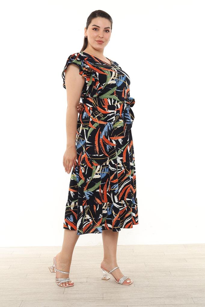 Женское платье большого размера, длинное вискозное платье с воланами, рукавами и круглым вырезом, поясом и цветочным узором