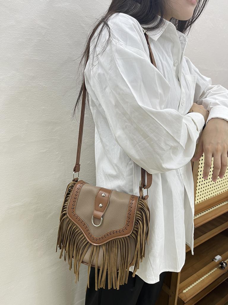Tassel Design Retro Bag Women'S Fashion Shoulder Messenger Bag Going Out Casual Tassel Bag Saddle Bag