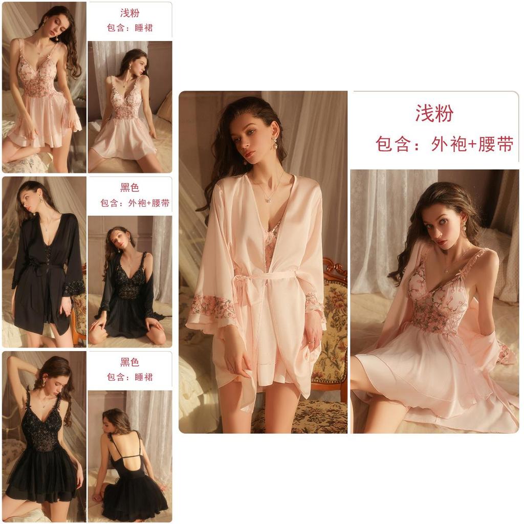 Satin Nightwear For Women With Deep V Neck And Floral Embroidery Design For Lounge And Sleep