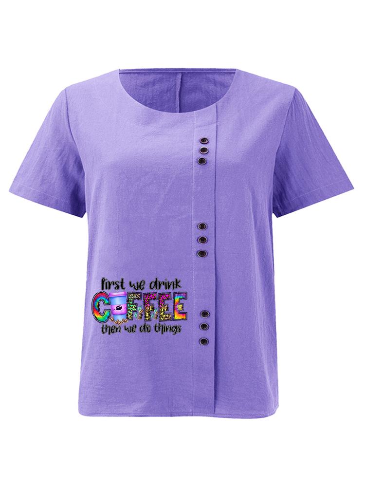Women's Fashion Coffee Alphabet Print Printing Shot Sleeve T-shirt Loose Cotton Shirt Casual Loose Summer Plus Size Blouse Tops