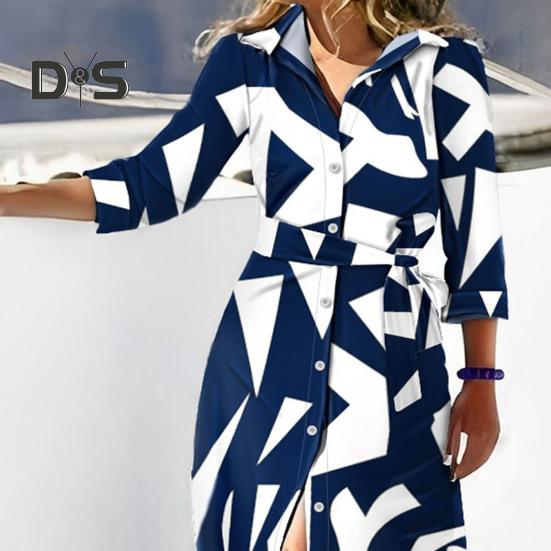 Women Spring Fall Dress Lace Up Tight Waist Striped Print Lapel Long Sleeve Single Breasted Full Length Soft Lady Party Prom Maxi Dress