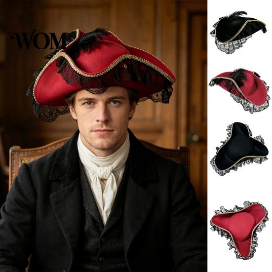 Captain Costume Accessory Halloween Pirate Hat, Accessory, with Burgundy Lace Retro Hat And Feathered Decor, Lightweight Vintage Style Buccaneer Cap