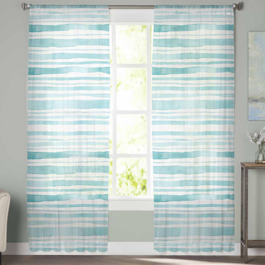 Акварельные полосатые сине-зеленые тюлевые оконные шторы для спальни, роскошные шторы для домашнего декора в гостиной, шифоновые панели