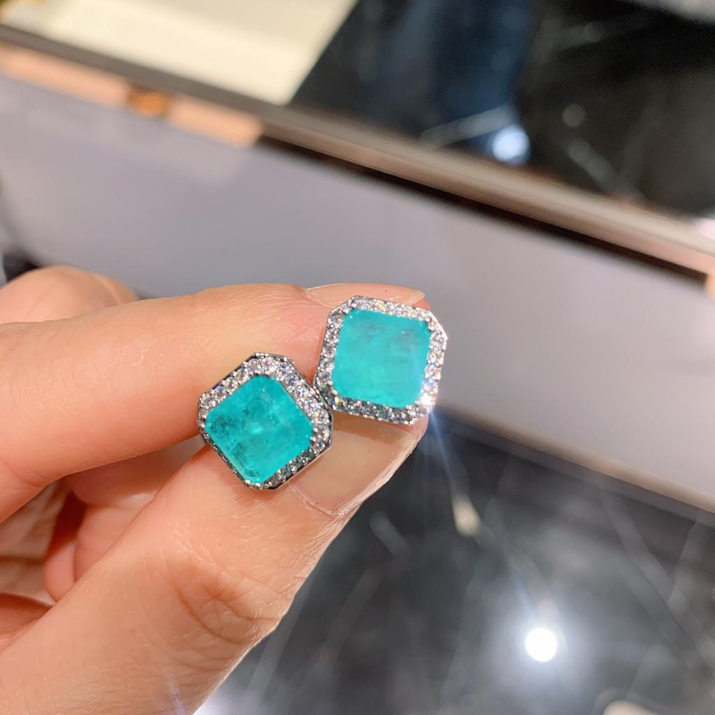 Серьги-пусеты из стерлингового серебра 925 пробы для женщин, квадратные серьги-пусеты с турмалином Параиба, многоцветные кристаллы циркония, свадебные украшения, серьги для вечеринки