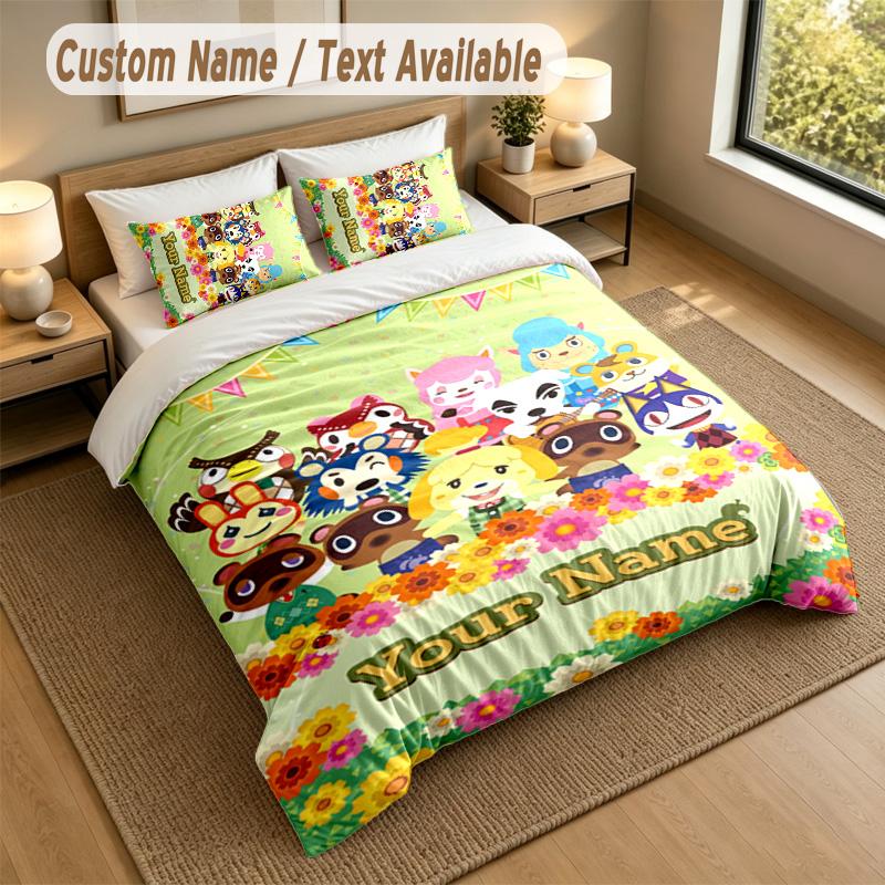 3Pcs Bedding Set Custom Name Text, 1 Sheet 2 Pillowcases Home Bed DecorAnimal Crossing