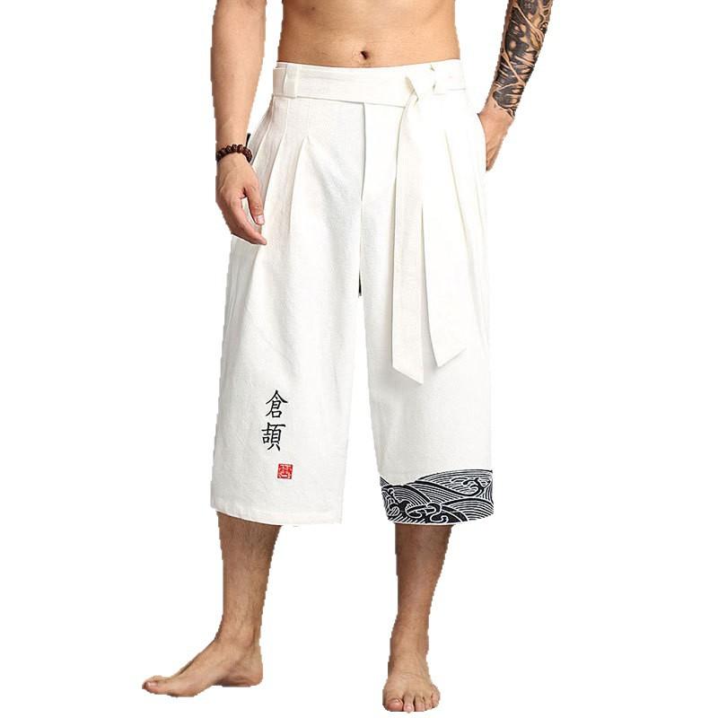 Summer Men Chinse Style Hanfu Pants Men Asian Bath Pants Male Prints Kimono Traditional Trousers Male Cotton Cropped Pants