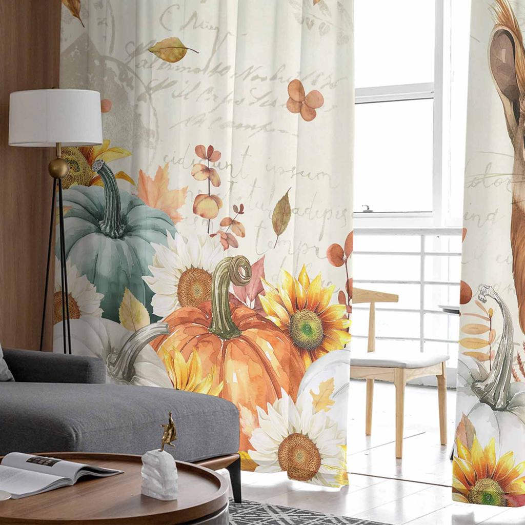 Thanksgiving Eucalyptus Leaf Pumpkin Sunflower Squirrel Sheer Curtains for Kids Living Room Voile Window Curtains Tulle Drapes