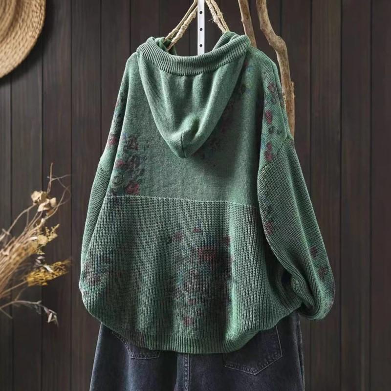 Johnature Женские винтажные вязаные свитера с капюшоном, принтованные цветочные ткани, весенние свободные мягкие свитера с длинным рукавом
