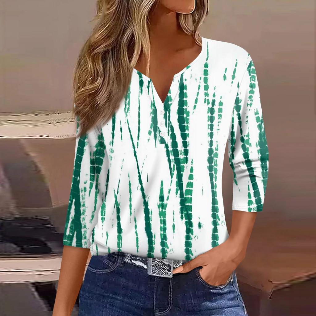 Жен. Футболка С принтом Пуговицы Рукав 3/4 Повседневные Выходные Мода Классический V-образный вырез Обычный Верх