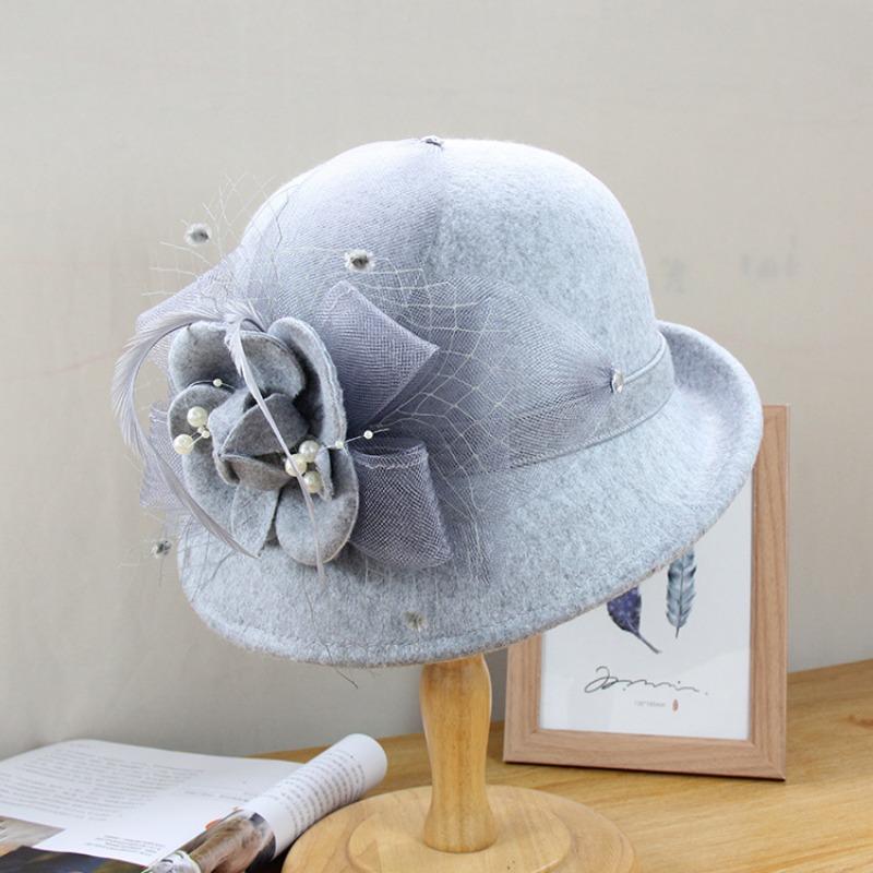Women S Elegant Pearl Flower Half Roll Wool Bucket Hat Outdoor Fashion