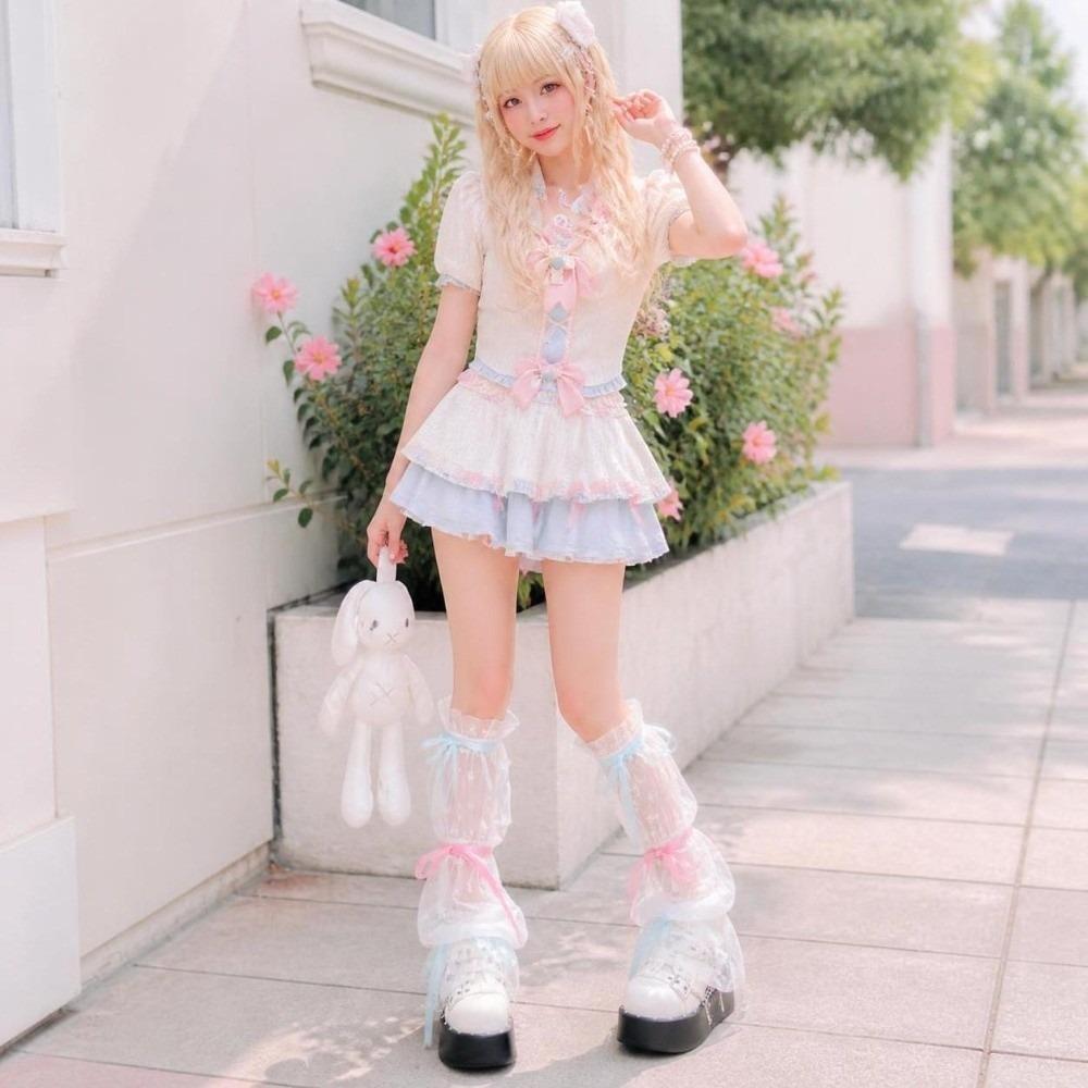 Mesh Fabric Leg Warmers Double Ribbon Bow Knee High Socks Kawaii Calf Covers Cosplay