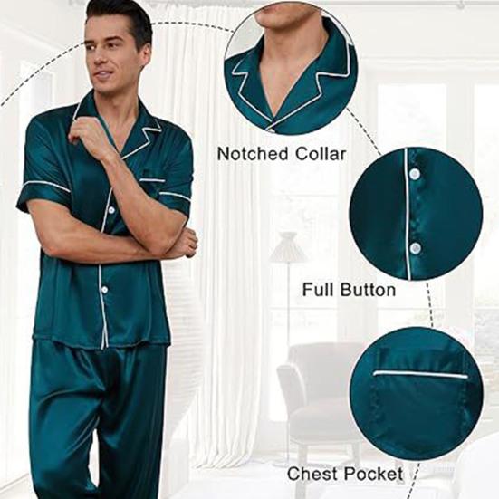 2Pcs/Set Silk Satin Men Pajama Set Notch Collar Button Down Pajama Top with Chest Pocket