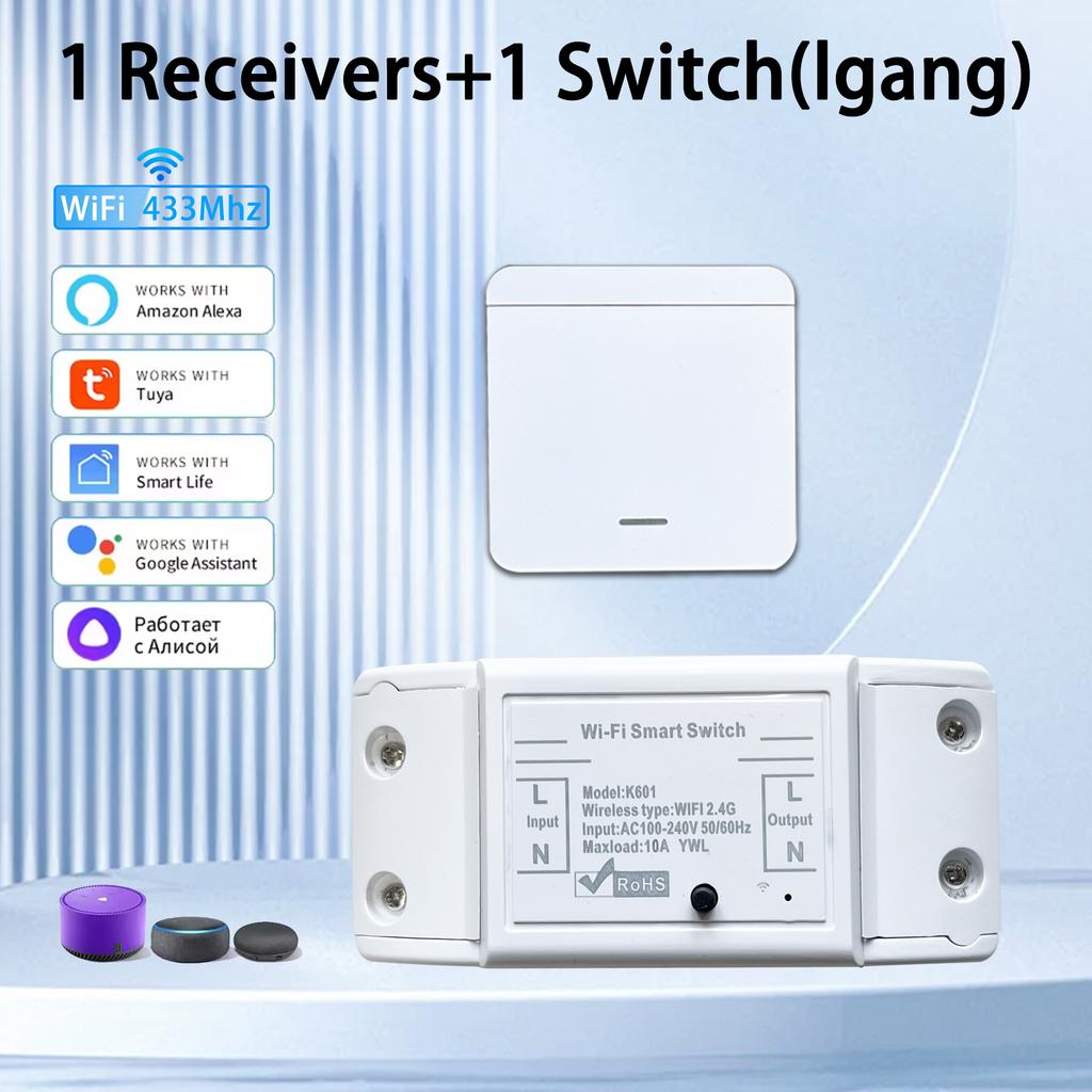 10A Tuya WiFi Smart Switch 433MHz Relay Breaker Smart Home Wireless Control Switch 1/2/3 Gang Wireless Wall Switch Voice Control