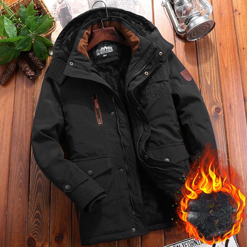 Осень и зима. Новый утолщенный бархатный верх. Свободная повседневная куртка для молодежи и среднего возраста с множеством карманов и капюшоном. Утепленная куртка с хлопковой подкладкой, устойчивая к холоду.