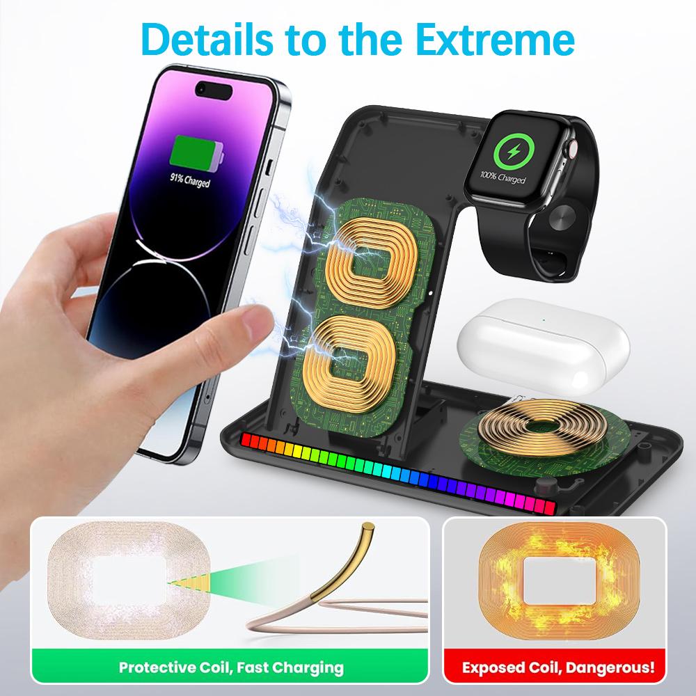 100 Вт светодиодная быстрая беспроводная зарядная подставка 3 в 1 складная зарядная станция для iPhone 15 14 13 16 Watch 9 8 7 6 5 Airpods Pro