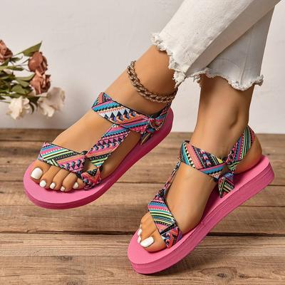 Знаменитый стиль на толстой подошве, сандалии-липучки с рыбьим носком, сочетание цветов, пляжные сандалии, новая тканевая полоскатая женская обувь