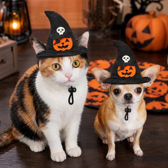 Lightweight Pet Headgear Halloween Cat Witch Hat, Fun Hat with Adjustable Elastic Strap, Cartoon Comfortable Headwear Ghost Pumpkin Bat Skull for Cats