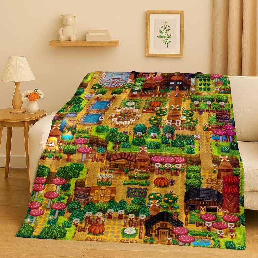 Retro Stardew Valley Farm Map Pixel Game Flannel Blanket,Ultra Soft Warm Plush Throw for Home Bedroom Bed Sofa Cover Kids Gift