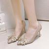 2024 spring and autumn new popular French silver wedding shoes rhinestone pointed high heels bow stiletto temperament single shoes