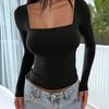 European & American 2024 Y2K Square Neck Long Sleeve Bodycon Fashion Top for Women