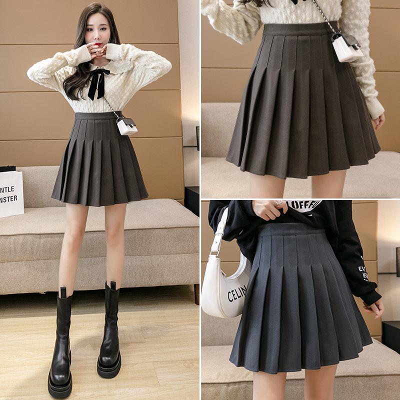 Women High Waist Pleated Mini Skirt A‑Line Woolen Skirt Solid Color No‑Stretch Casual Plus Size Skirt For Autumn Winter