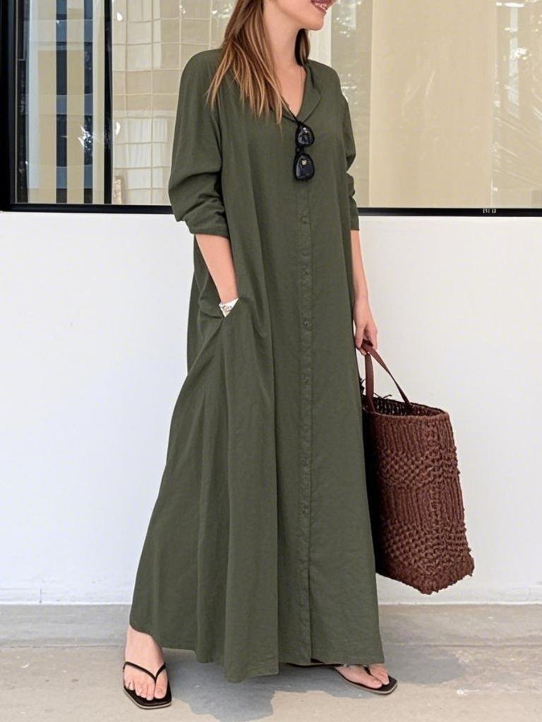Женские свободные повседневные длинные платья-рубашки с лацканами и длинными рукавами