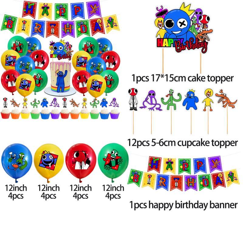 Набор праздничных принадлежностей «Все в одном» включает 26 предметов в тематике Rainbow Friends, в том числе флажки, большие и маленькие топперы для торта и разноцветные воздушные шары.