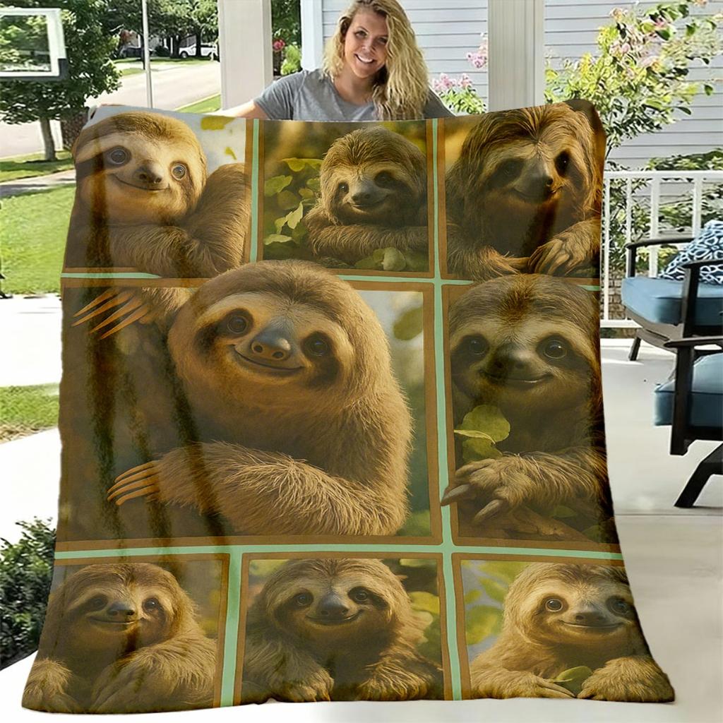 1pc Adorable Sloth Print Blanket Soft Polyester, Allseason, Multiuse Travel And Home Comfort, Dry Clean Solely, 200250Gsm, Travel Comfort Sloth Illust
