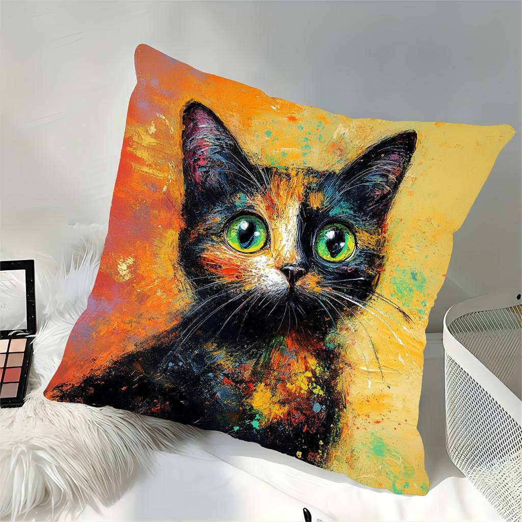 Colorful Tortoiseshell Cat Throw Pillow Cover, Vibrant Oil Painting Style Art Decorative Pillow Case