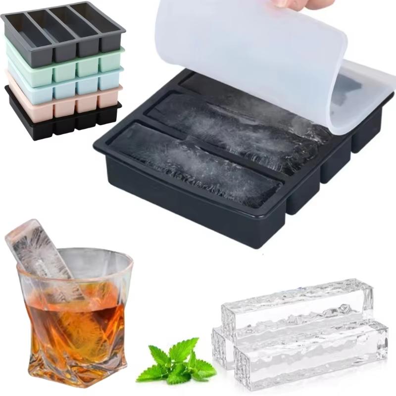 New 4 Grids Ice Cubes Long Strip Square Whiskey Ice Tray Mold Non-toxic Durable Large Ice Mold Barware Home Kitchen Tools