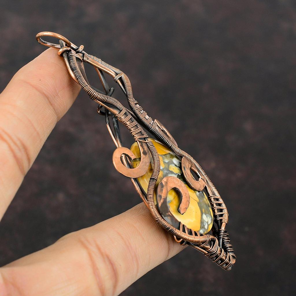 Подвеска из яшмы Малигано, кулон из медной проволоки, стильный кулон, драгоценный камень, медные украшения, кулон ручной работы, подарок для мамы, ювелирные изделия из проволочной обмотки