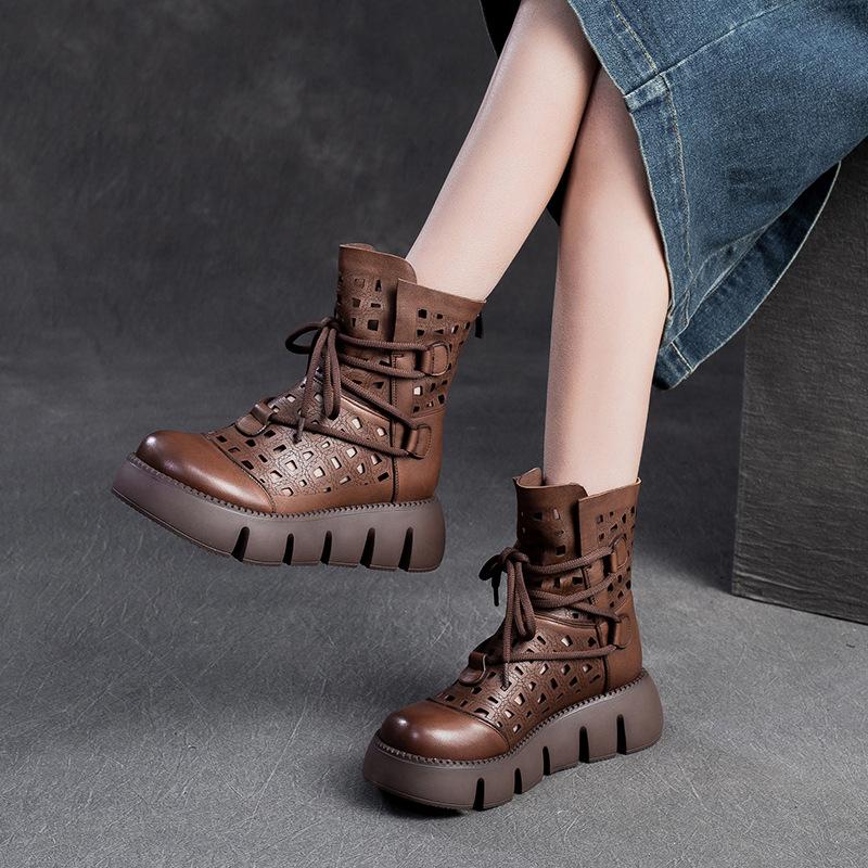 Модные GKTINOO 2024 Новые Полые Сандалии из Натуральной Кожи Женская Обувь Сандалии Платформа Танкетка Летняя Обувь Женская Мода Повседневные Сандалии