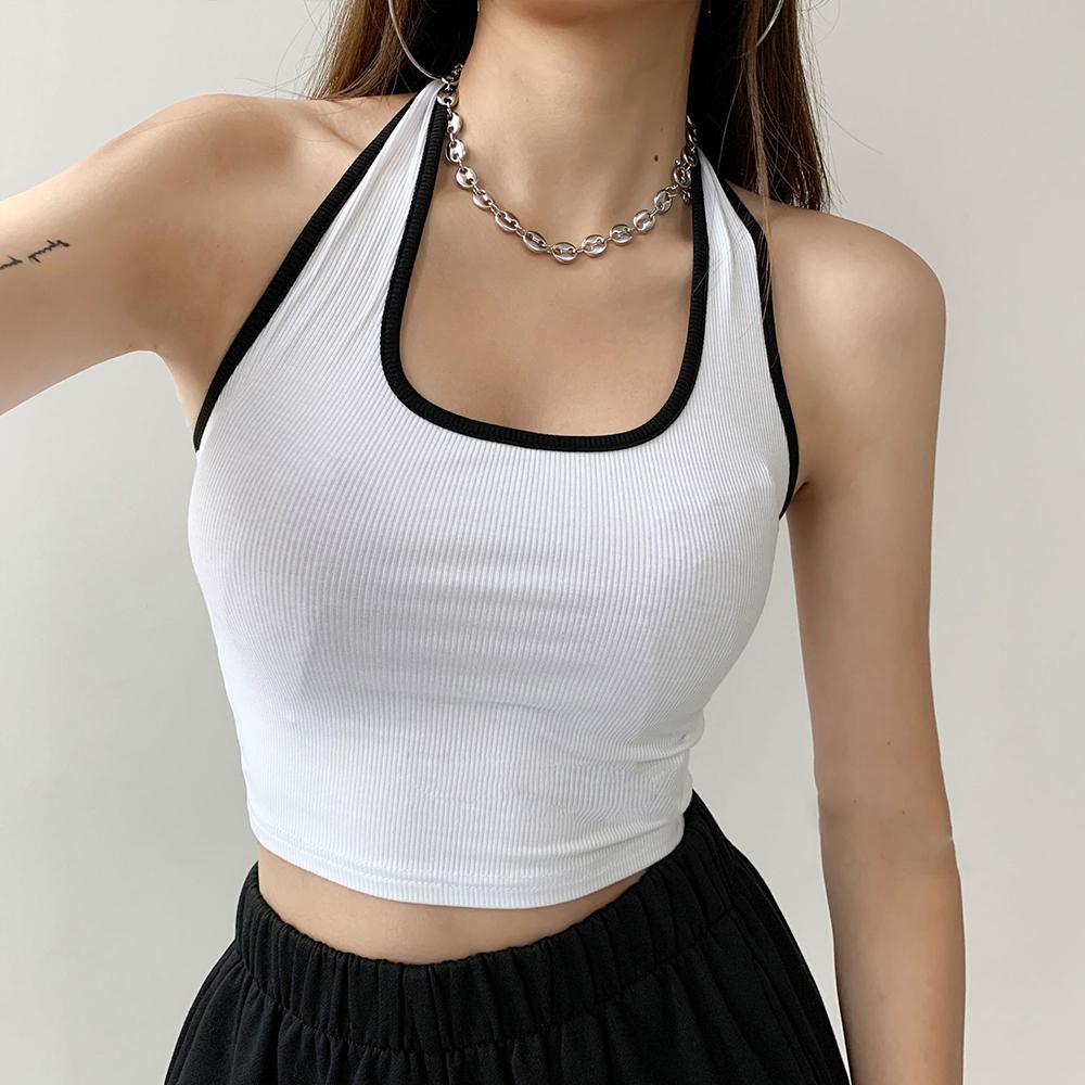 Women's Halter Neck Crop Top, Ribbed Color Block Sleeveless Tank Top