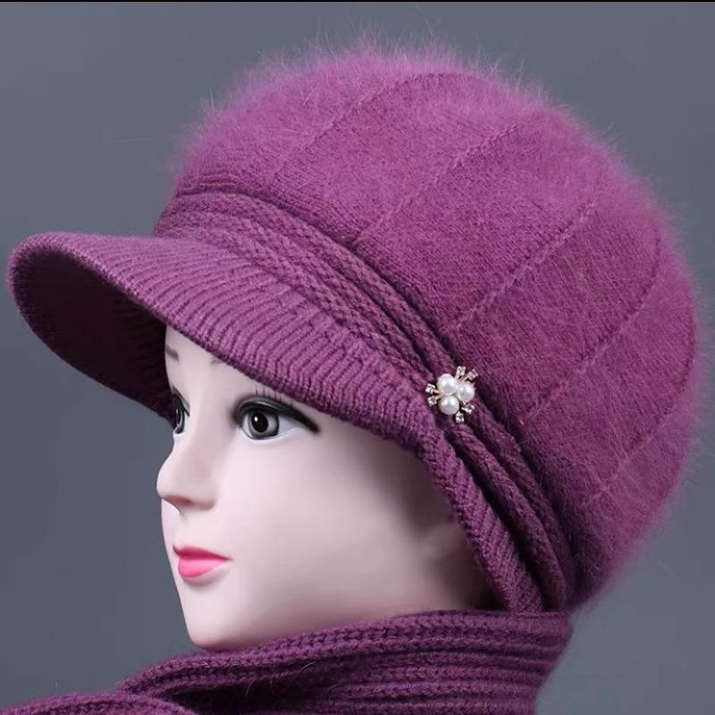Middle Aged Elderly Hats Women Winter Knitted Woolen Hats Rabbit Hair with Thick Velvet Mother's Elderly Women's Hats Grandmother's Warm Hats