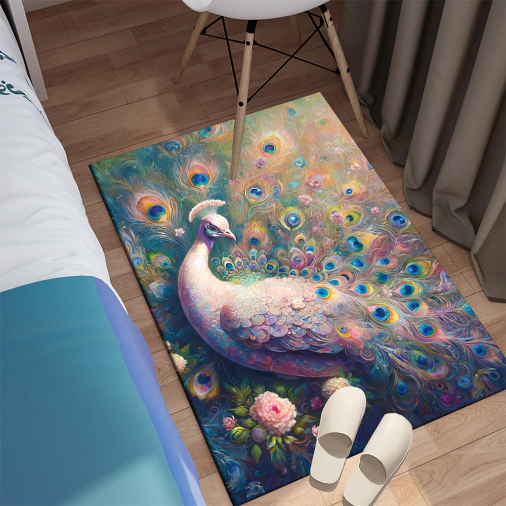 Vibrant white peacock and floral non-slip area carpet crystal velvet, large size, perfect for living room floor mats