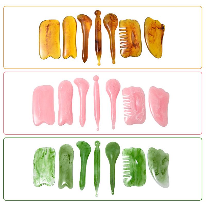 7 шт., скребковая доска для массажа Гуаша из смолы, спа-массажер для лица, акупунктура Гуаша, красота кожи, уход за лицом, массажные инструменты