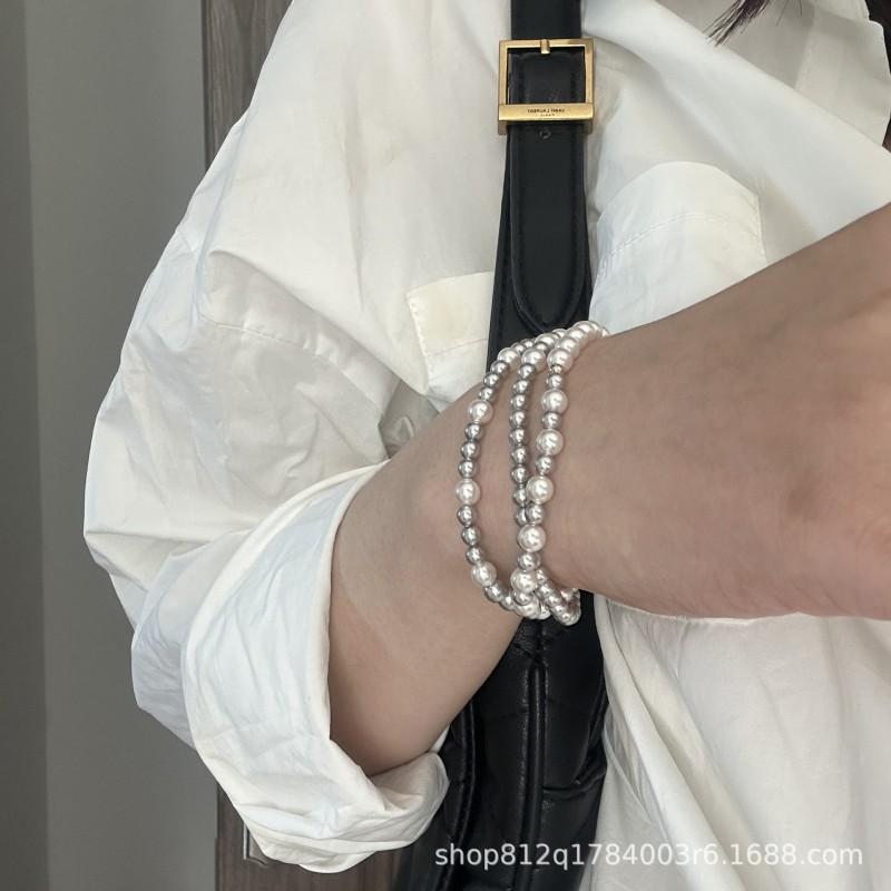 Layered Faux Pearl Bracelet Gray White Gradient Design Luxury Minimalist Jewelry Women