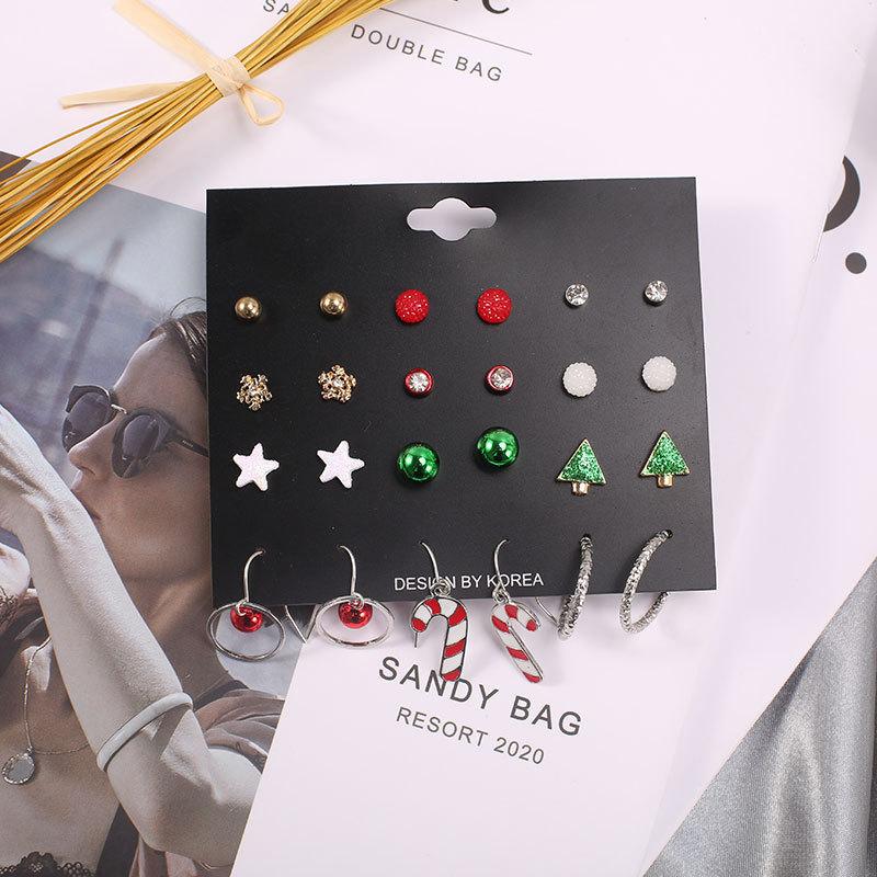 Christmas Stud Earrings Combination New Cartoon Holiday Alloy Dripping Elk Old Man Bell Earrings Set
