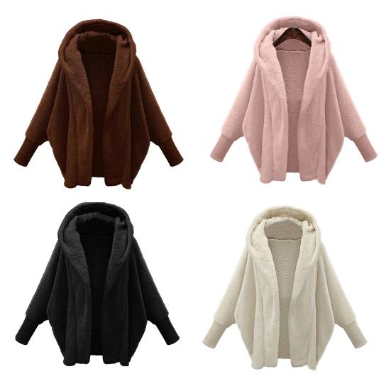 Women's Fuzzy Hooded Cardigan Oversized Fleece Jacket Open Front Sherpa Coat Fall Winter Outwear with Pockets