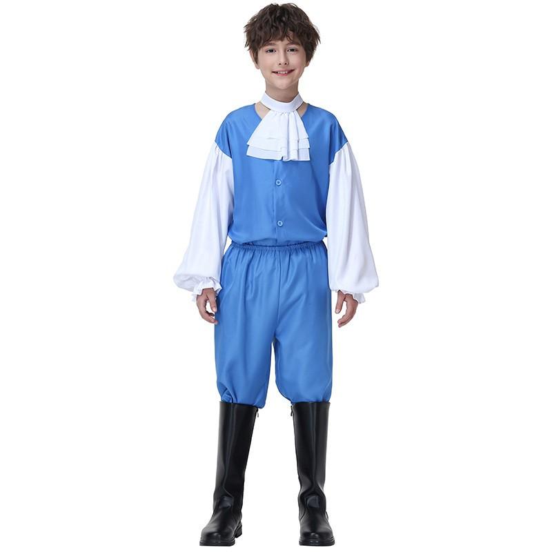 Boys Royal Prince Costume Blue White Patchwork Formal Performance Outfit Halloween Cosplay Dance Show