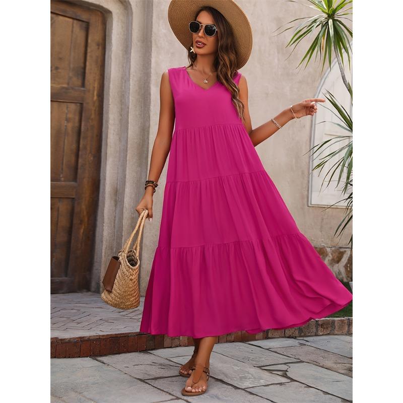 Свободное повседневное платье без рукавов с V-образным вырезом и оборками на подоле для весны и лета, женская одежда
