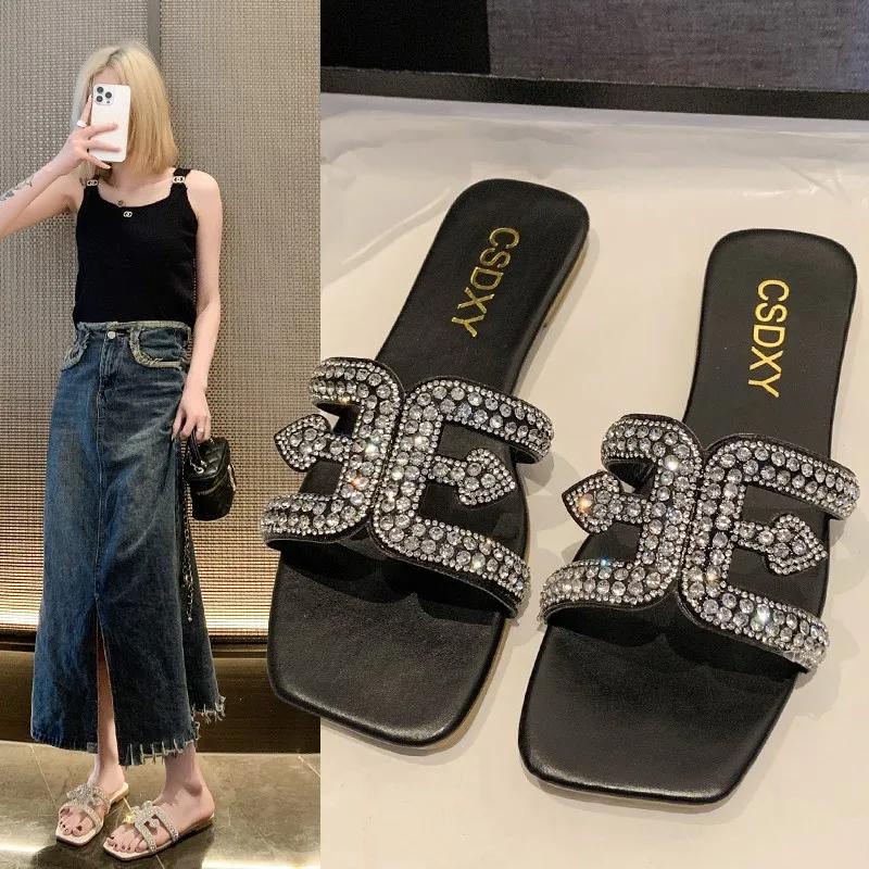 Fashion Women's Stylish Comfortable Rhinestone Embellished Slippers Women's Casual Flat Slippers