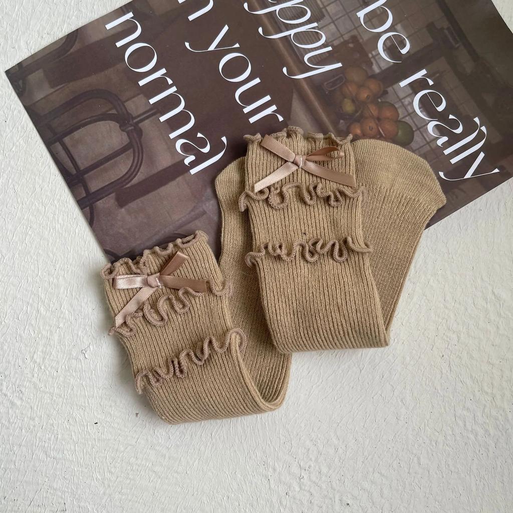 1 пара шикарных осенних носков для девочек из телячьей шерсти, корейские модные носки с оборками и бантом для детей, мягкие хлопковые школьные носки, одежда, аксессуары