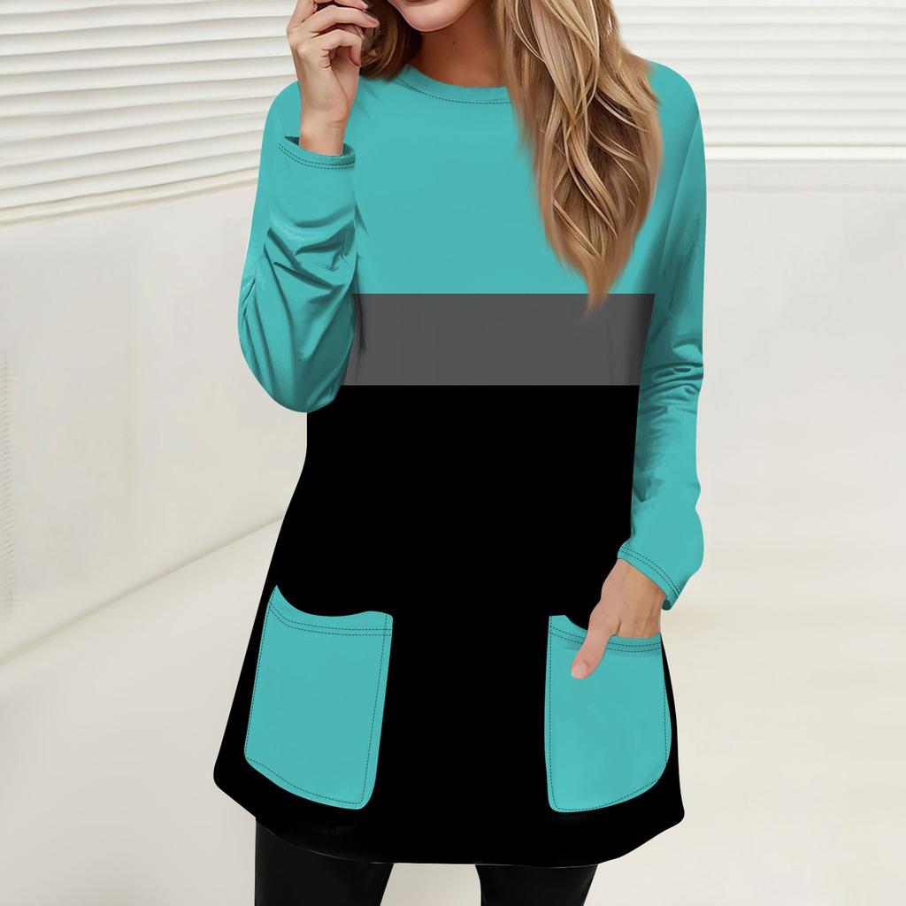 Женская мода повседневный свитер футболка с круглым вырезом карман полосатый пэчворк принтованный топ с длинным рукавом