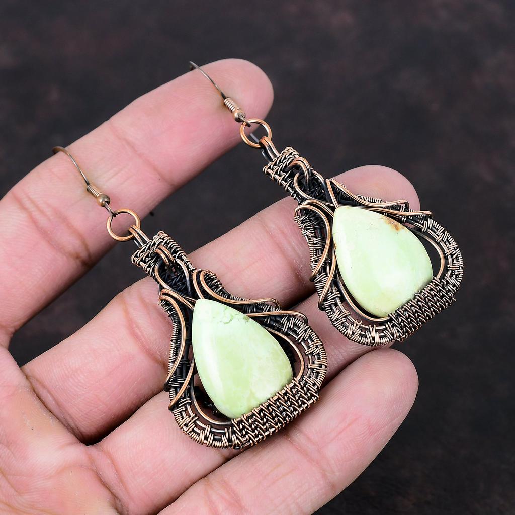 Серьги из лимонного хризопраза, медная проволока, драгоценные камни, ювелирные изделия, серьги ручной работы, женские ювелирные изделия, медная серьга для подарка, серьги, обернутые проволокой