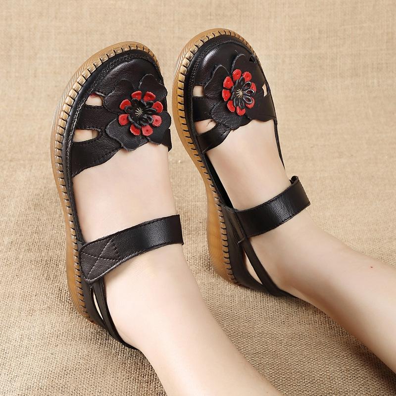 Сандалии из 100% натуральной кожи, женские летние туфли на плоской подошве с цветами, повседневные женские летние сандалии на толстой нескользящей подошве A2425