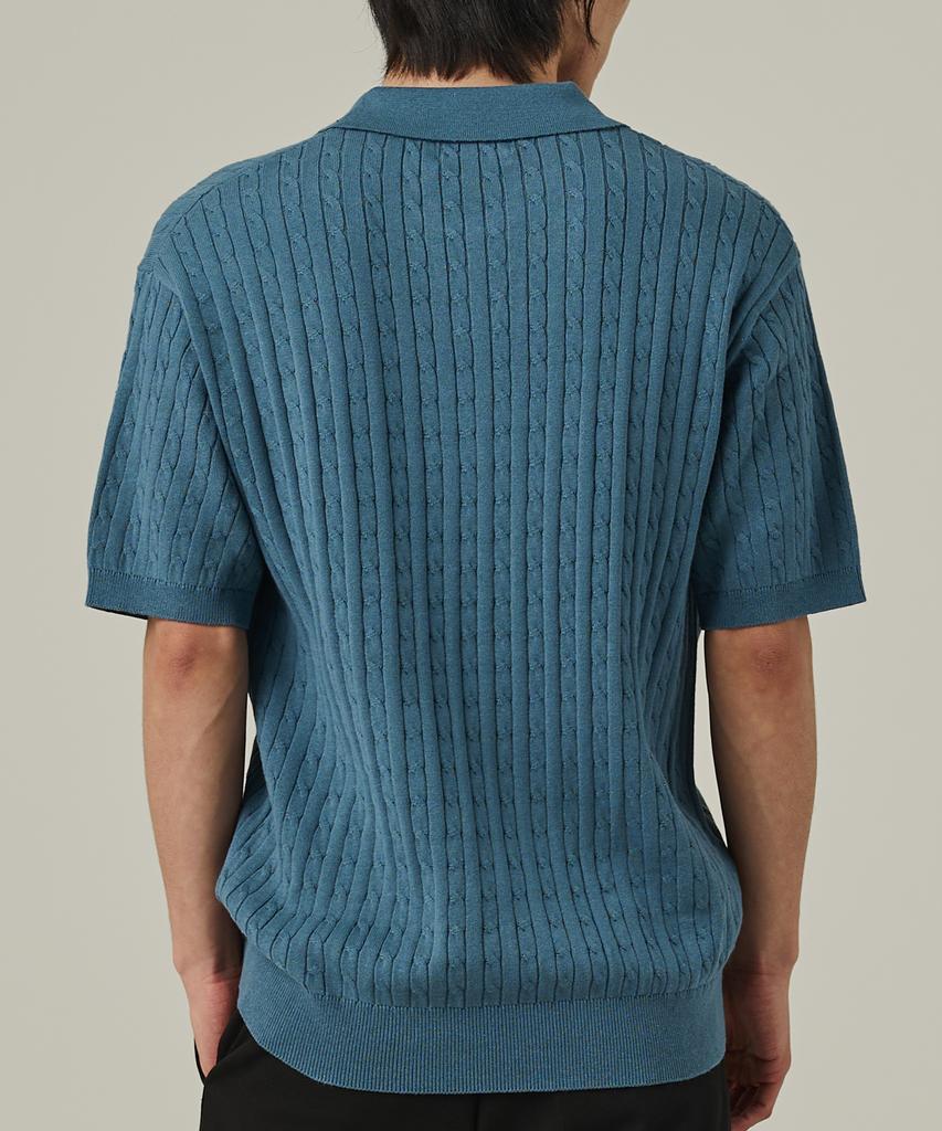 ANALOG MOOD Cable Open Collar Short Sleeve Knit (Blue)