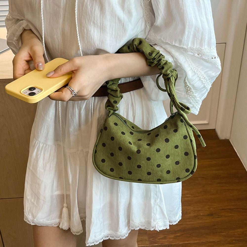 Cloth Polka Dot Shoulder Bag Ruched Strap Canvas Underarm Bag Comfortable Printed Handbag Shopping