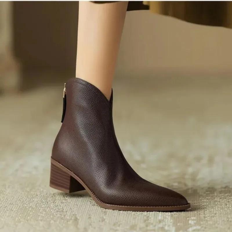 Женские ботильоны весна-осень современные ботинки повседневная женская обувь из искусственной кожи короткие ботильоны на молнии сексуальные заостренные женские ботинки на толстом каблуке