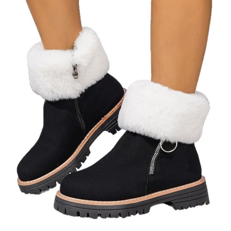 Large Size Women's Cotton Shoes Autumn and Winter New Round Head Square Heel Thickened Velvet Side Zipper Sewn Shoes Snow Boots